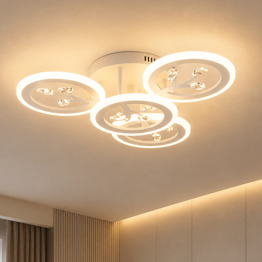 Żyrandol LED z pilotem i kryształem DAISY 53W, 4 elementy, światło zimne/ciepłe/neutralne, możliwość przyciemniania, biały