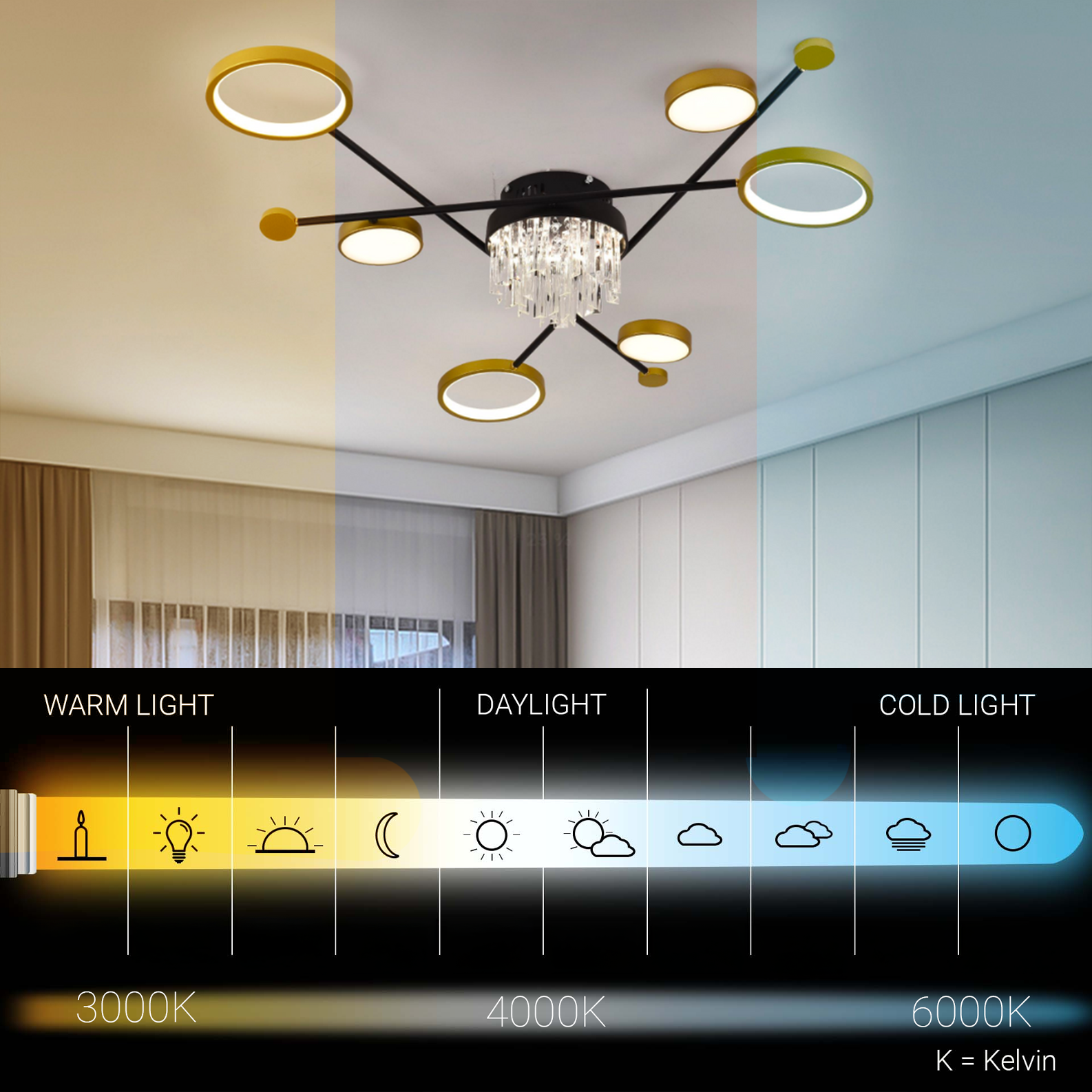 Żyrandol LED z pilotem i kryształem GUIDA 38W, 6 elementów, światło zimne/ciepłe/neutralne, możliwość przyciemniania, żyrandole LED z czarnego złota z pilotem Domyślny tytuł Alessandro Design