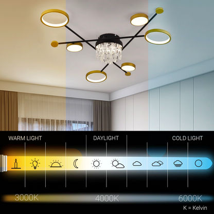 Żyrandol LED z pilotem i kryształem GUIDA 38W, 6 elementów, światło zimne/ciepłe/neutralne, możliwość przyciemniania, żyrandole LED z czarnego złota z pilotem Domyślny tytuł Alessandro Design