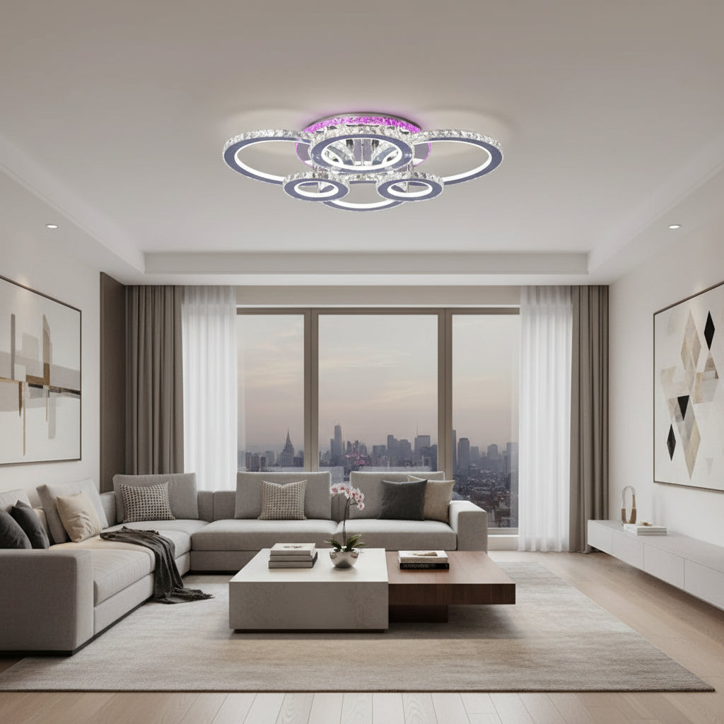 Lustra LED cu telecomanda si cristal NOVA ROTONDA RGB 144W, 6 Cercuri, lumina Rece/Calda/Neutra, Dimabila, Crom Lucios Lustre LED & Cristale Default Title Alessandro Design