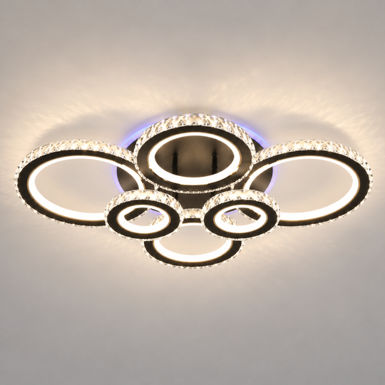 Żyrandol LED z pilotem i kryształem NOVA ROTONDA RGB 145W, 6 kółek, światło zimne/ciepłe/neutralne, możliwość przyciemniania, czarny