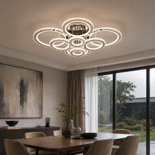 Żyrandol LED z pilotem i kryształem NOVA ROTONDA RGB 239W, 8 kółek, światło zimne/ciepłe/neutralne, możliwość przyciemniania, błyszczący chrom