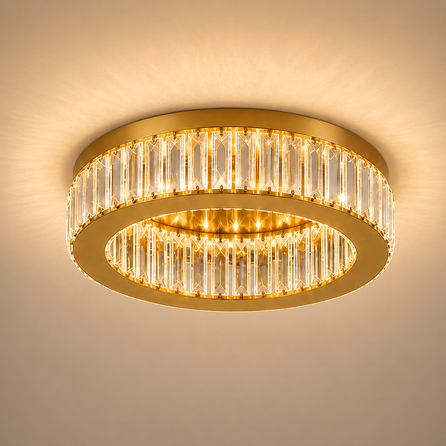 Żyrandol LED z pilotem i kryształem VERTUS 31W, 50cm, Okrągły, Światło Zimne/Ciepłe/Neutralne, Możliwość Przyciemniania, Złoty