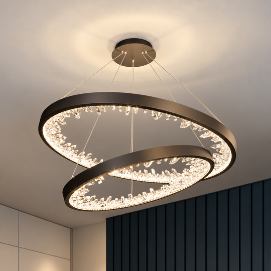 Zawieszany żyrandol LED z pilotem, 73 W, 2 koła, 60 cm, światło zimne/ciepłe/neutralne, możliwość przyciemniania, czarny, regulacja wysokości
