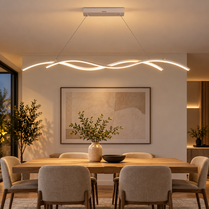 Zawieszany żyrandol LED z pilotem KHOROG 34W, długość 120cm, światło zimne/ciepłe/neutralne, możliwość przyciemniania, regulowana wysokość, biały