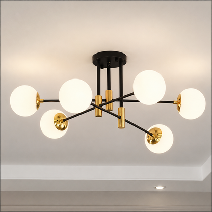 Żyrandol z okrągłą białą kulą, PENTHOUSE Lounge, 6xE27, czarny / złoty, metal i szkło