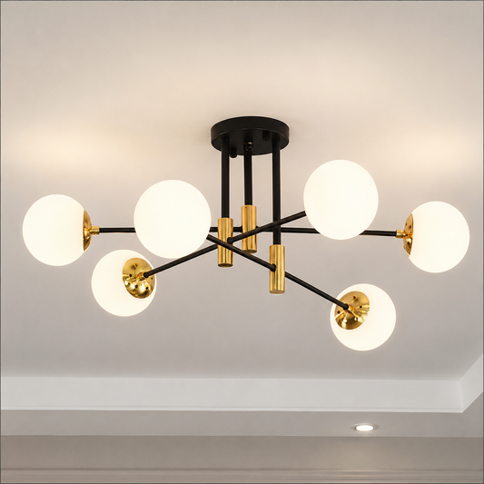 Okrągły żyrandol w kształcie białej kuli, salon PENTHOUSE, 6xE27, czarny / złoty, metal