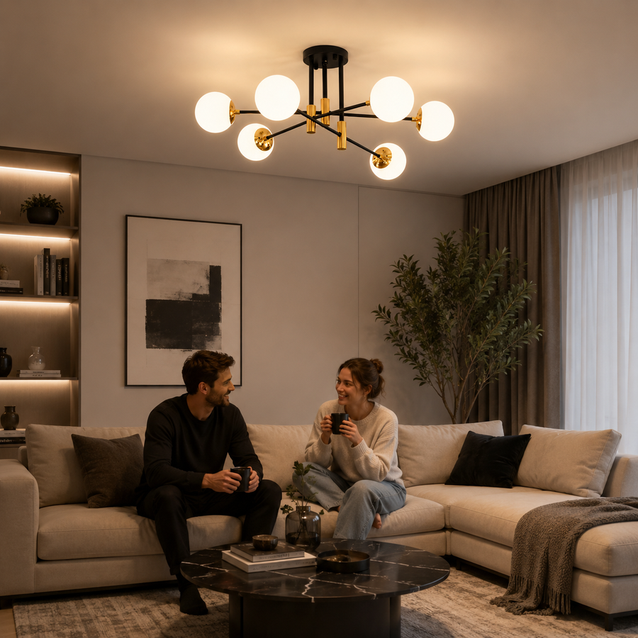 Żyrandol z okrągłą białą kulą, PENTHOUSE Lounge, 6xE27, czarny / złoty, metal i szkło