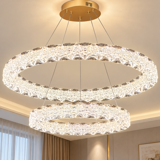 Kryształowy żyrandol LED SHELP z pilotem, 64W, światło ciepłe/neutralne/zimne, Φ60 cm, regulowana wysokość, metal i kryształ, złoty