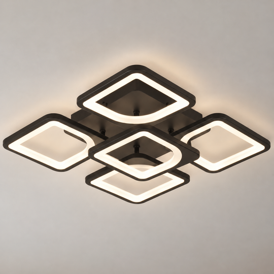 Żyrandol LED z pilotem ZOE 65W, 5 kwadratów, światło zimne/ciepłe/neutralne, możliwość ściemniania, czarny