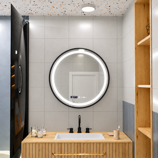 Okrągłe lustro LED, 80 cm, Celeste Majesté Noir MotionGlow Marcello, system odmgławiania, zegar i termometr, możliwość przyciemniania