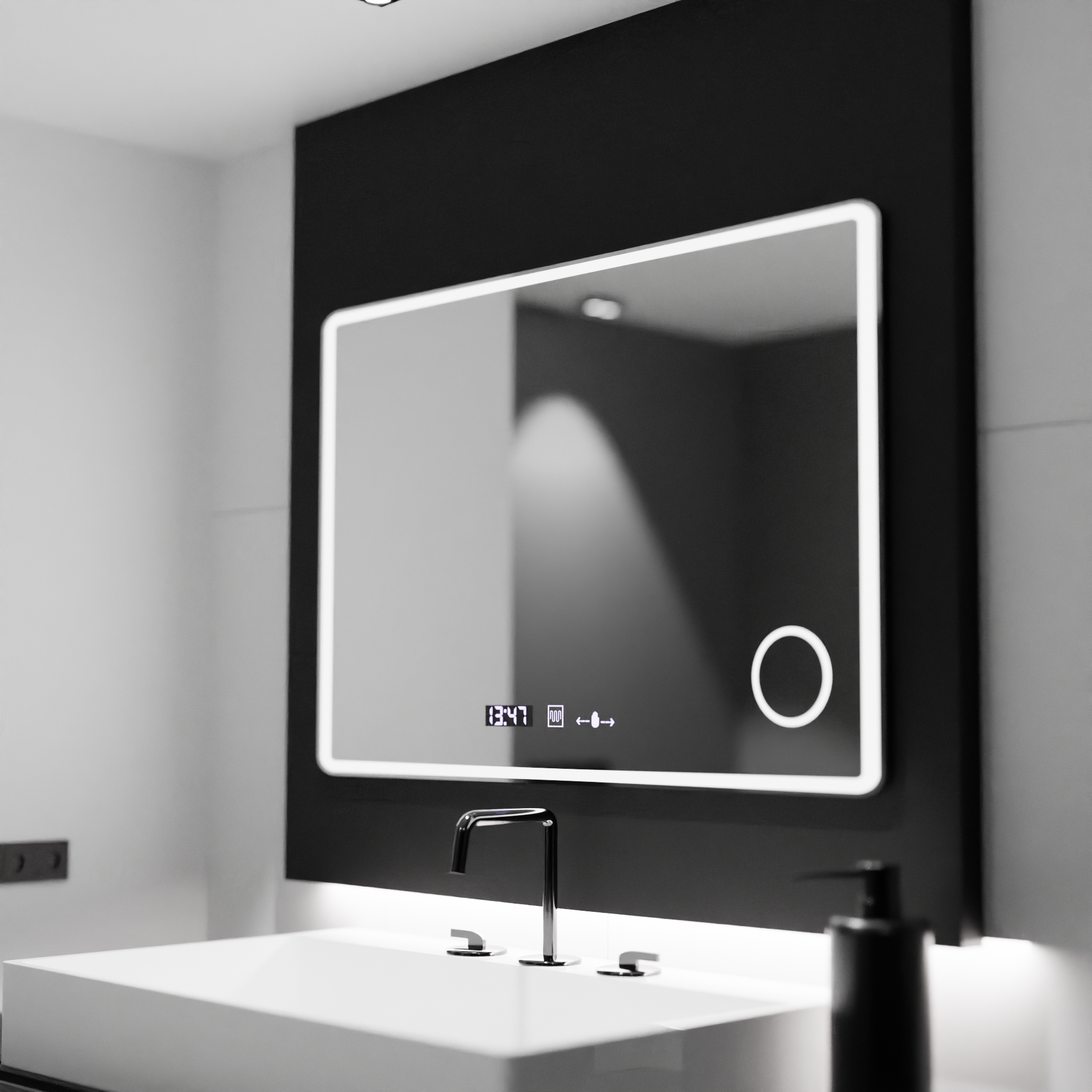 Prostokątne lustro LED 120x80 Aura Riflesso Puro MotionGlow Marcello, system odmgławiania, termometr i zegar, ściemniane lustra Marcello Domyślny tytuł Alessandro Design