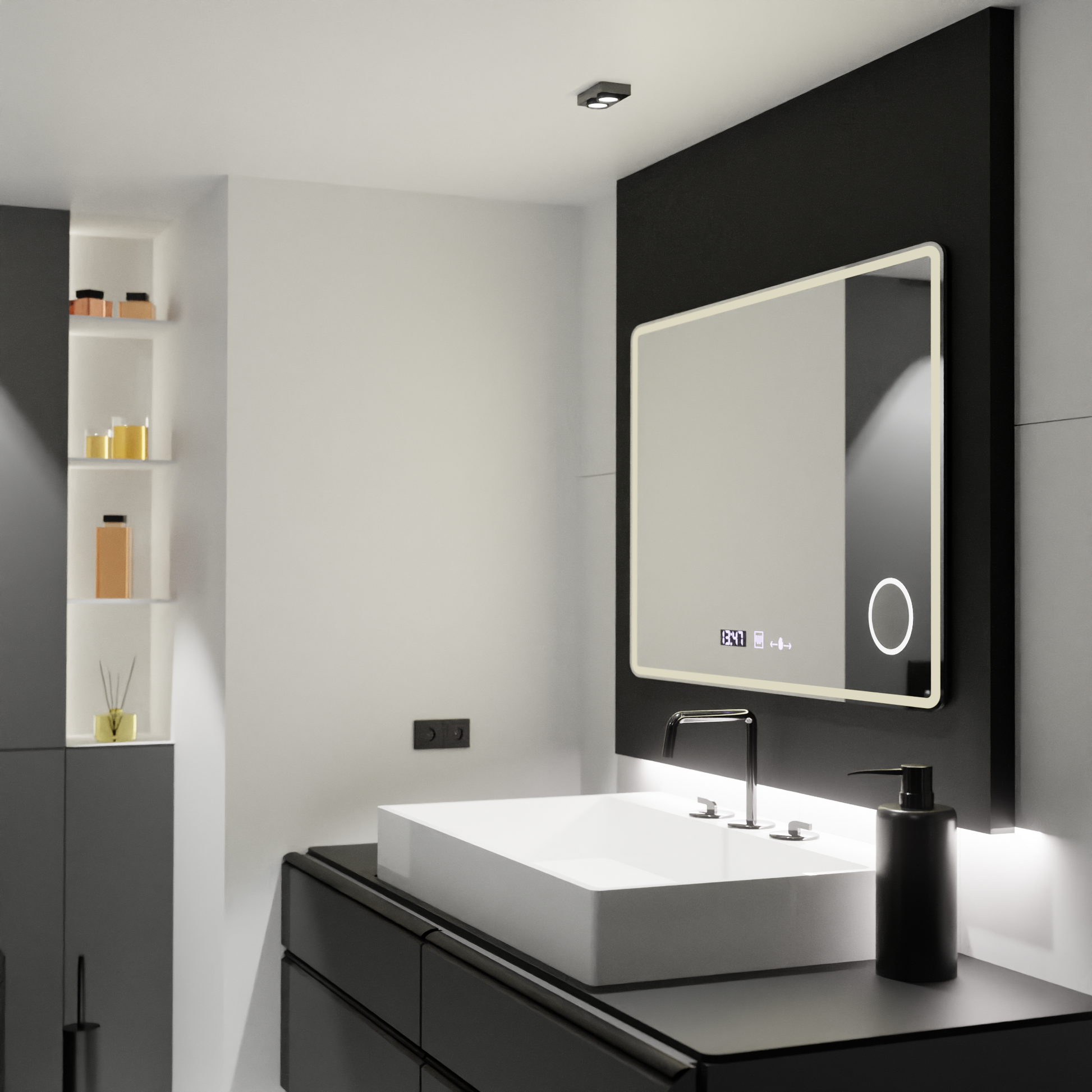 Prostokątne lustro LED 120x80 Aura Riflesso Puro MotionGlow Marcello, system odmgławiania, termometr i zegar, ściemniane lustra Marcello Domyślny tytuł Alessandro Design