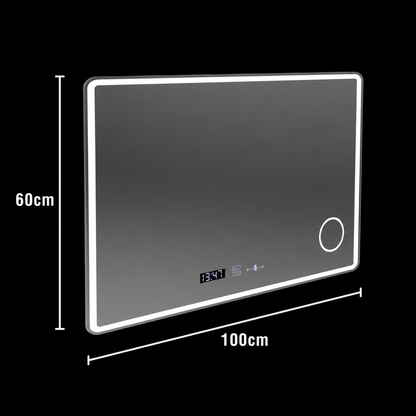Lustro prostokątne LED 100x60 Aura Riflesso Puro MotionGlow Marcello, System odmgławiania, Zegar, Możliwość ściemniania