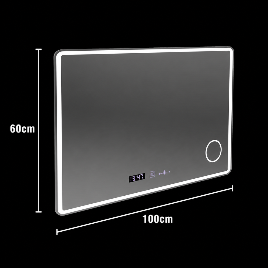 Lustro prostokątne LED 100x60 Aura Riflesso Puro MotionGlow Marcello, System odmgławiania, Zegar, Możliwość ściemniania