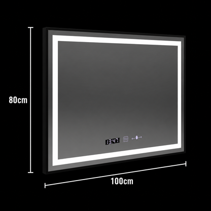 Prostokątne lustro LED, 100x80cm, Verite Majeste Noir MotionGlow Marcello, system przeciwmgielny, zegar i termometr, ściemnialne