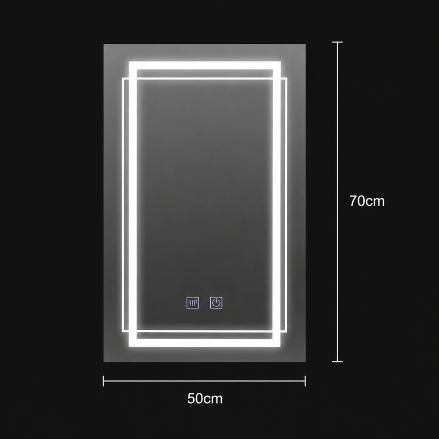 Prostokątne lustro LED, 50x70cm, KOVEN Touch, system odmgławiania, możliwość ściemniania