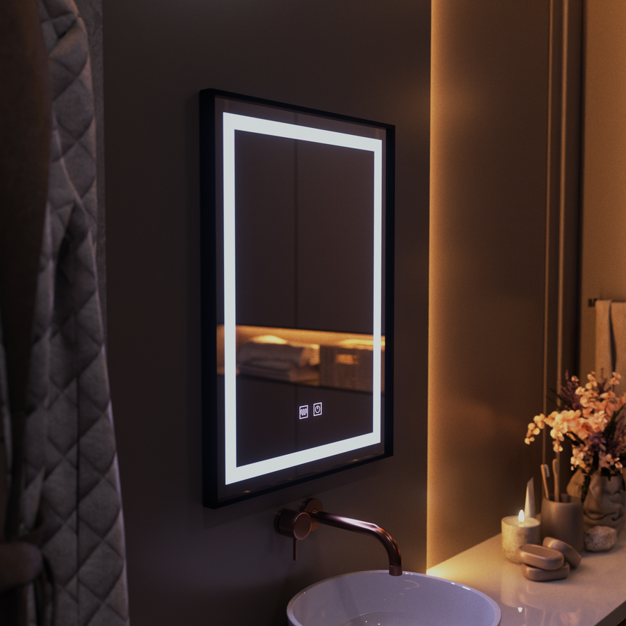 Lustro prostokątne LED, 60x80cm, EDGE Touch, system odmgławiania, czarna ramka