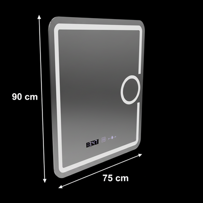 Prostokątne lustro LED, 75x90 cm, Eclat MotionGlow Marcello, system przeciwmgielny, zegar i termometr, lupa kosmetyczna, ściemnialna