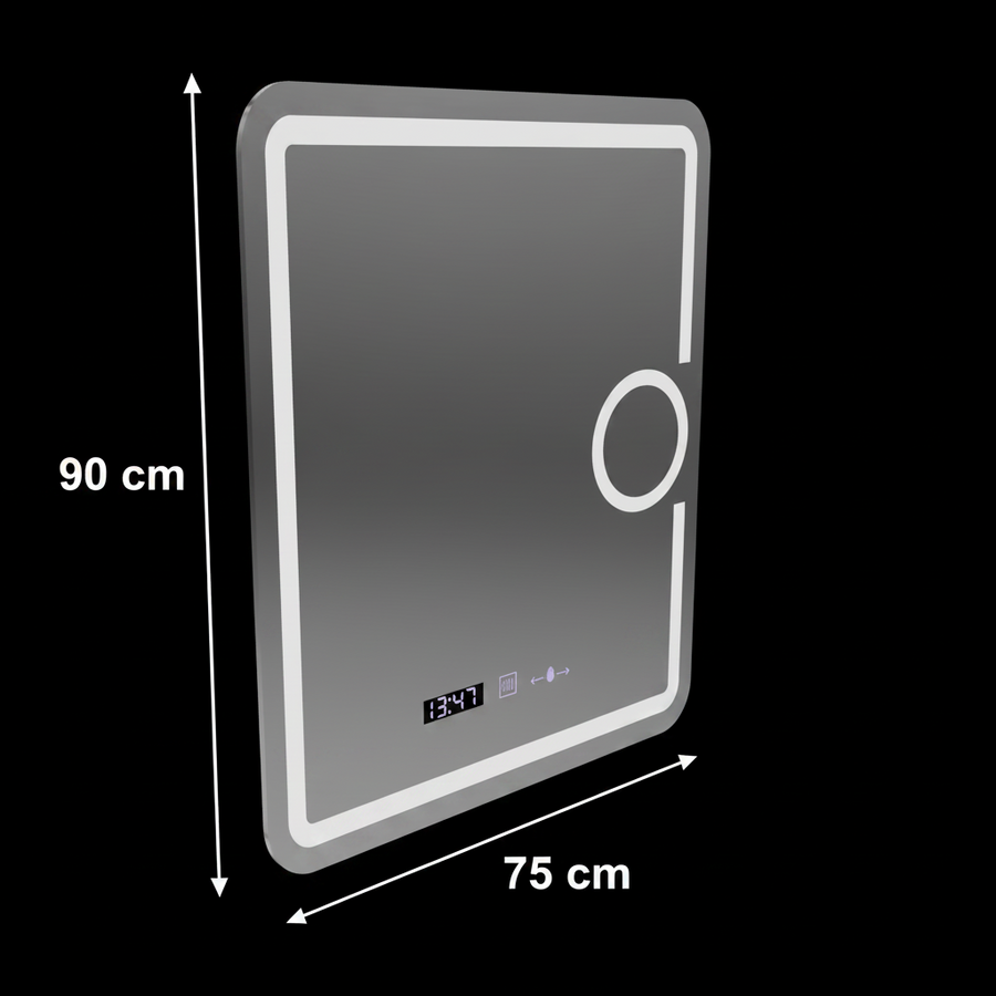 Prostokątne lustro LED, 75x90 cm, Eclat MotionGlow Marcello, system przeciwmgielny, zegar i termometr, lupa kosmetyczna, ściemnialna