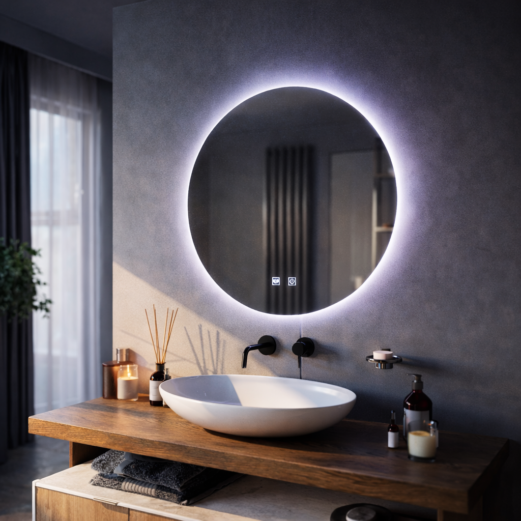 Okrągłe lustro LED, 12W, 50cm, Isolda, dotyk, system odmgławiania, zimne światło 6000k Lustra Korman E Domyślny tytuł Alessandro Design