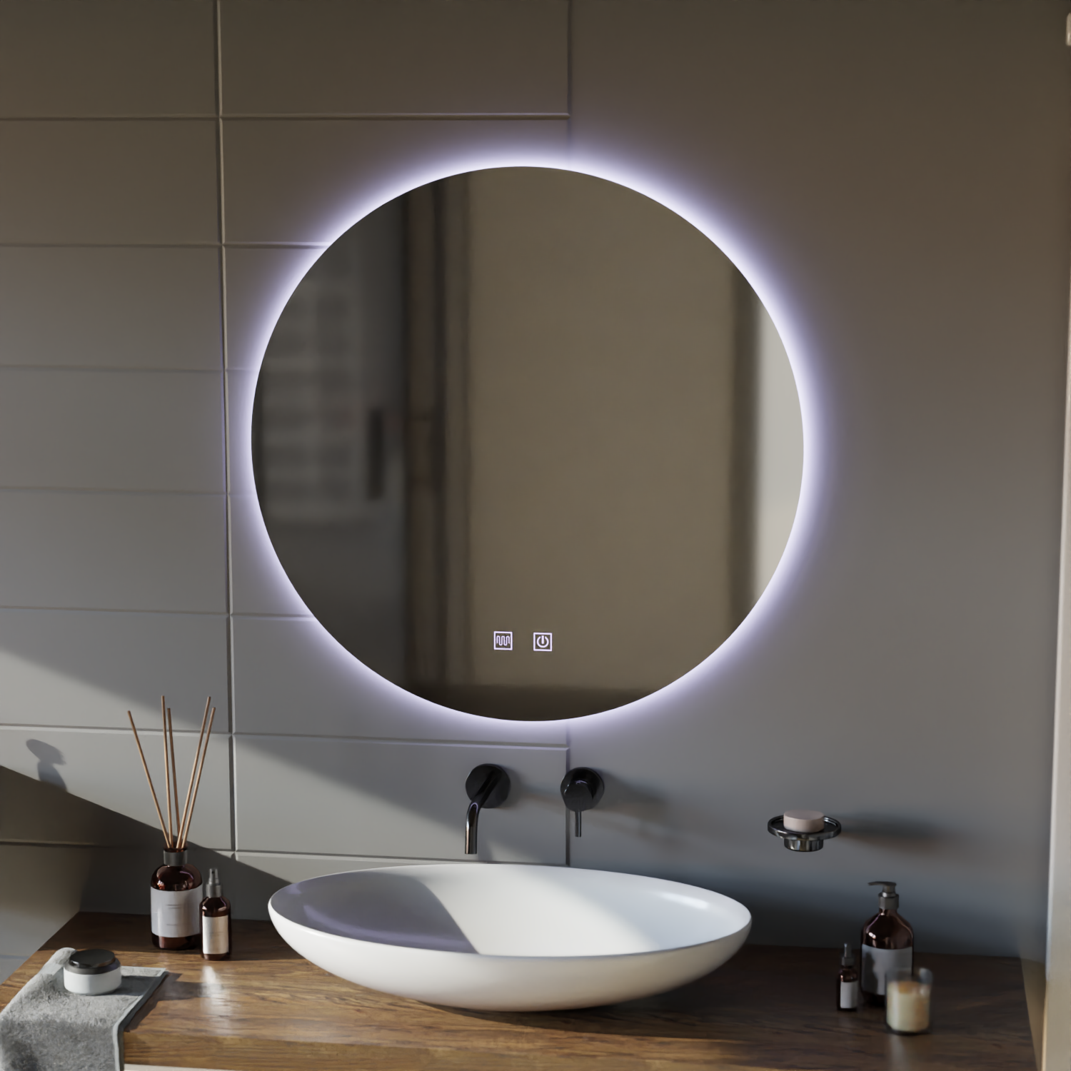 Okrągłe lustro LED, 12W, 50cm, Isolda, dotyk, system odmgławiania, zimne światło 6000k Lustra Korman E Domyślny tytuł Alessandro Design
