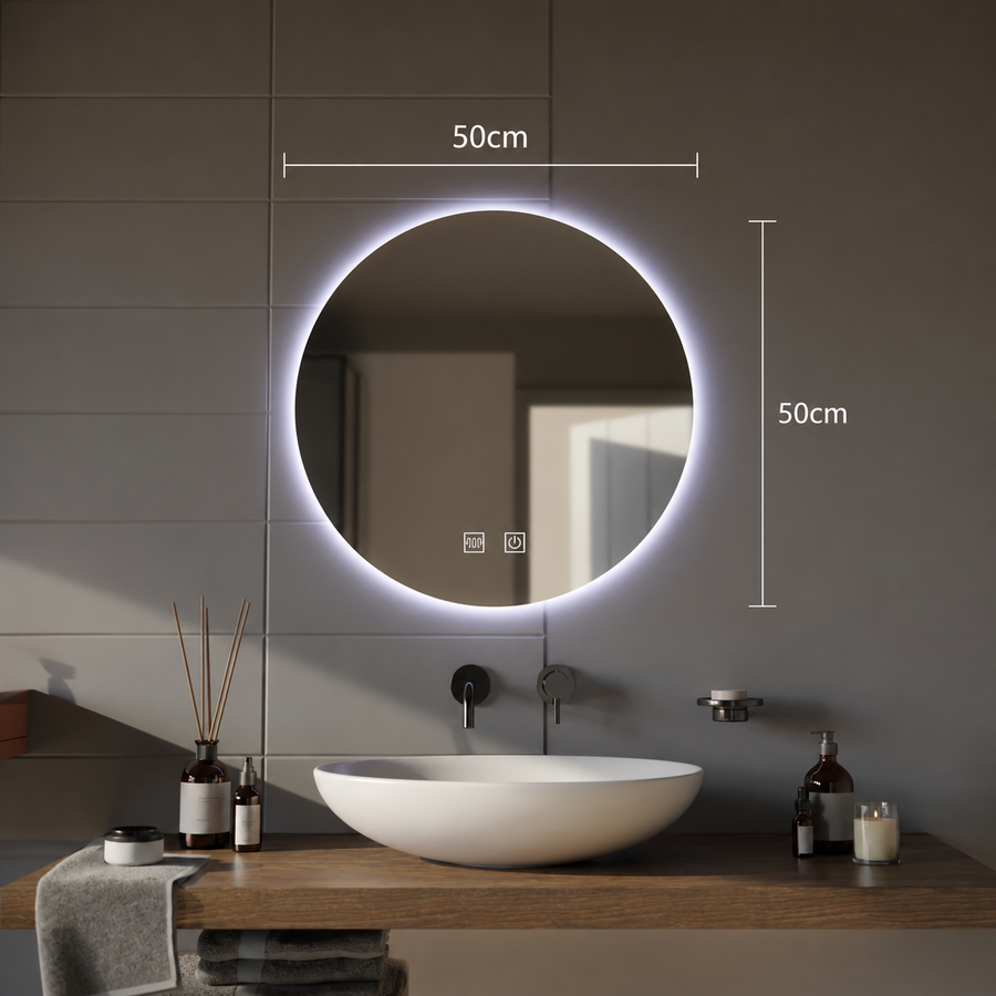 Okrągłe lustro LED, 12W, 50cm, Isolda, dotyk, system odmgławiania, światło zimne 6000k