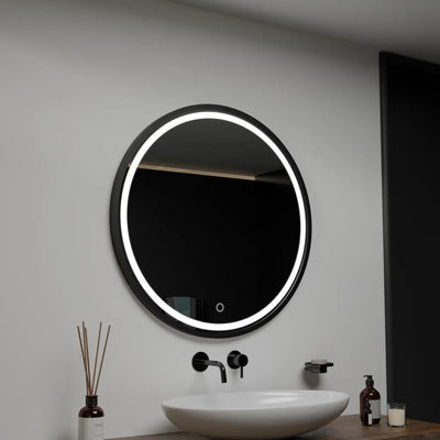 Okrągłe lusterko LED, 90 cm, czarna rama Orizoned, podstawowy dotyk