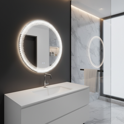 Okrągłe lustro LED Nexos, 60 cm, 24 W, światło ciepłe/zimne/neutralne, czujnik, system odmgławiania, zegar, możliwość przyciemniania