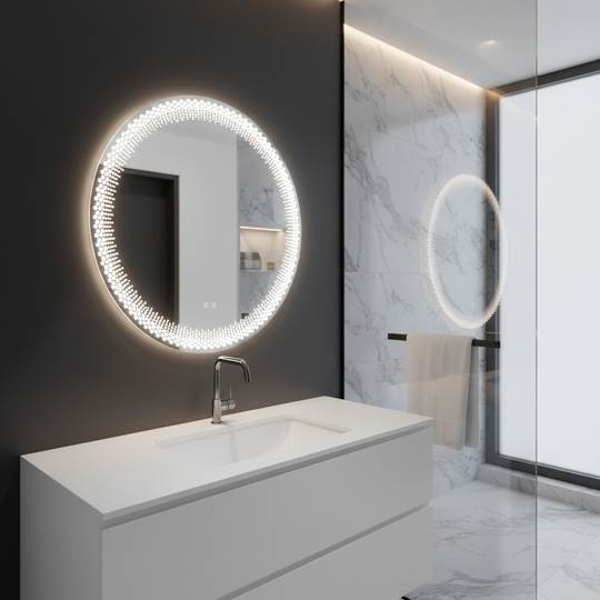 Okrągłe lustro LED Nexos, 60 cm, 24 W, światło ciepłe/zimne/neutralne, czujnik, system odmgławiania, zegar, możliwość przyciemniania