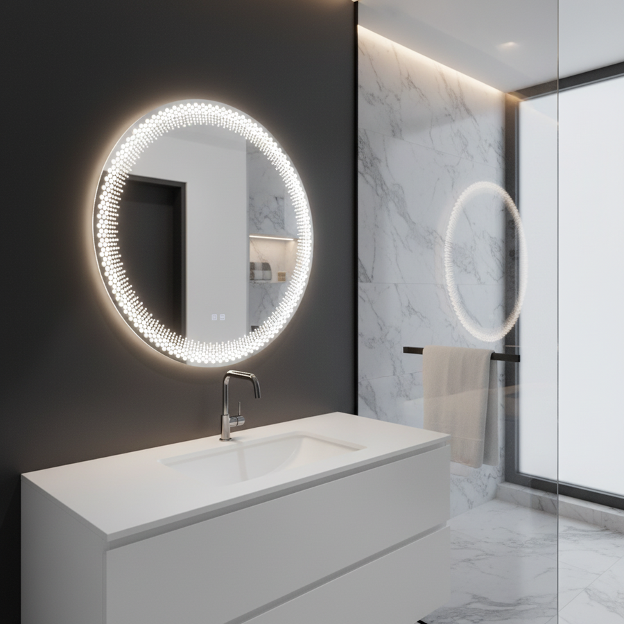 Okrągłe lustro LED Nexos, 60 cm, 24 W, światło ciepłe/zimne/neutralne, czujnik, system odmgławiania, zegar, możliwość przyciemniania