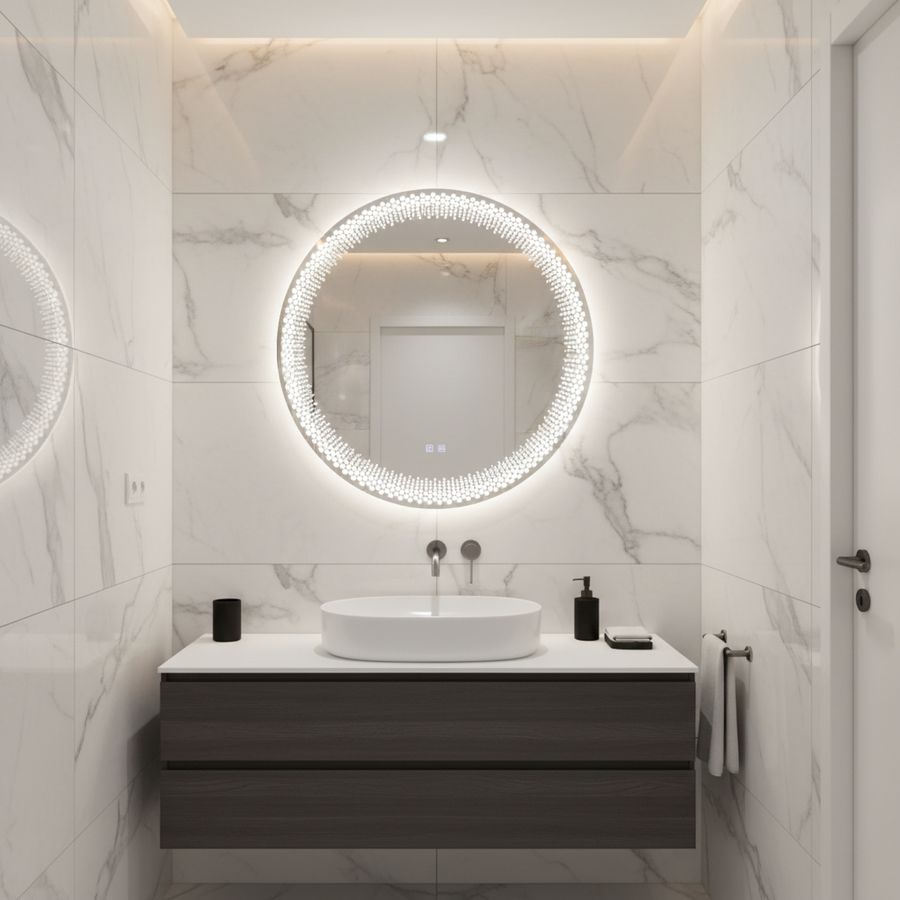 Okrągłe lustro LED Nexos, 60 cm, 24 W, światło ciepłe/zimne/neutralne, czujnik, system odmgławiania, zegar, możliwość przyciemniania