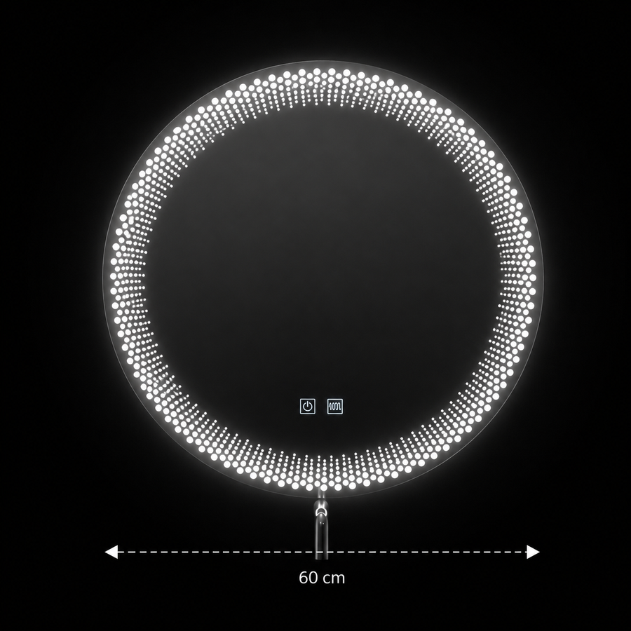 Okrągłe lustro LED Nexos, 60 cm, 24 W, światło ciepłe/zimne/neutralne, czujnik, system odmgławiania, zegar, możliwość przyciemniania