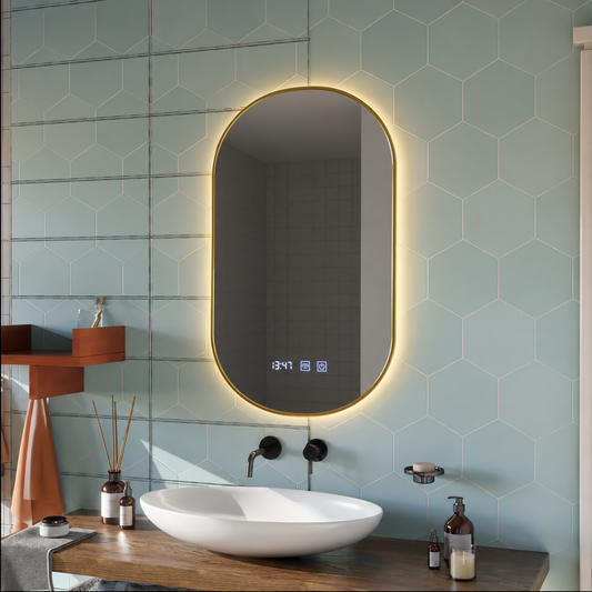 Konrad LED Touch Mirror System odmgławiania, zegar i temperatura 50x80 cm Rama ze szczotkowanego złota, ciepłe, neutralne, zimne światło 3000K/4000K/6000K