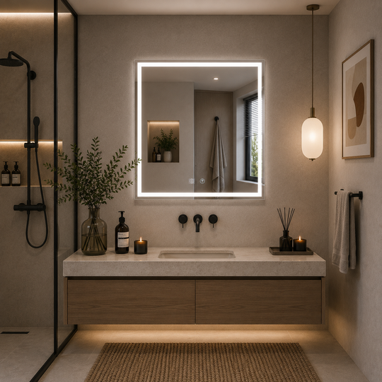 Lustro LED WAMOSK, 60x80cm, białe, czujnik, światło 3000K, 4000K, 6000K, system odmgławiania, metal, funkcje zegara i temperatury