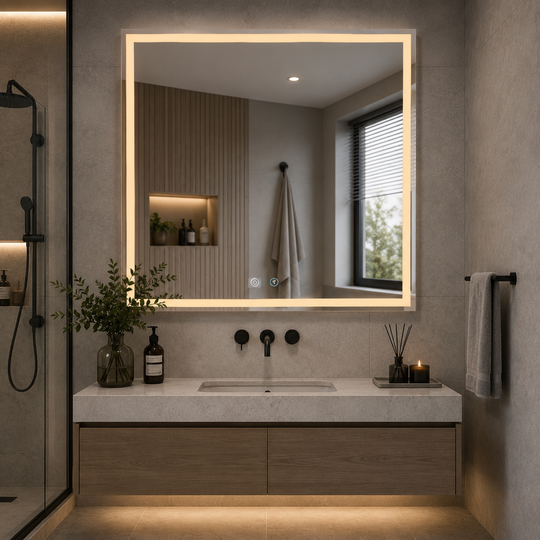 Lustro LED WAMOSK, 90x70cm, złote, czujnik, światło 3000K, 4000K, 6000K, system odmgławiania, metal, funkcje zegara i temperatury