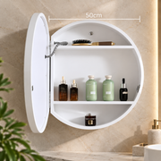 Lustro LED z szafką, okrągłe, 10W, 50x50cm, odmgławianie, czarna ramka, miejsce do przechowywania