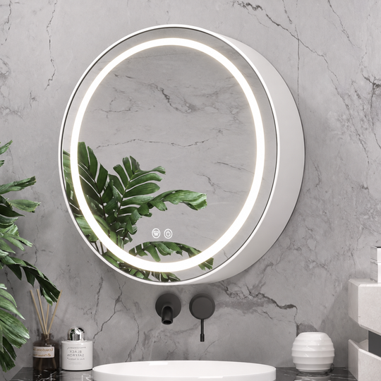 Lustro LED z szafką, okrągłe, 10W, 50x50cm, odmgławianie, czarna ramka, miejsce do przechowywania