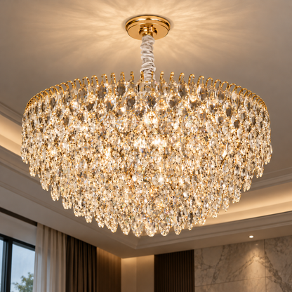 Żyrandol kryształowy ERDENET Magno, 12xE14, średnica 60 cm, metal i kryształ, błyszczące złoto, regulowana wysokość