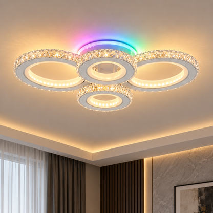Lampa sufitowa LED z pilotem i kryształem NOVA ROTONDA RGB 82W, 4 koła, światło zimne/ciepłe/neutralne, możliwość przyciemniania, biała