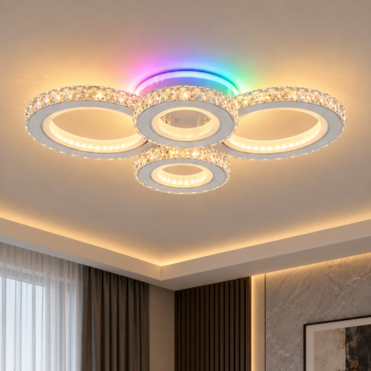 Lampa sufitowa LED z pilotem i kryształem NOVA ROTONDA RGB 82W, 4 koła, światło zimne/ciepłe/neutralne, możliwość przyciemniania, biała