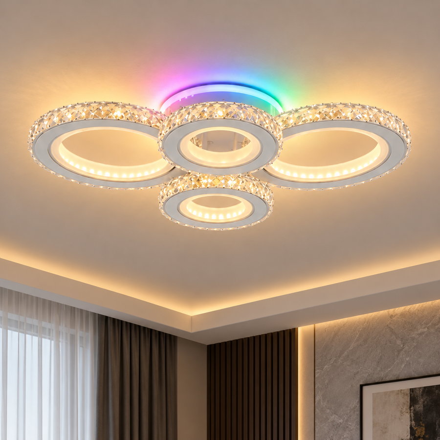 Lampa sufitowa LED z pilotem i kryształem NOVA ROTONDA RGB 82W, 4 koła, światło zimne/ciepłe/neutralne, możliwość przyciemniania, biała