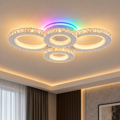 Lampa sufitowa LED z pilotem i kryształem NOVA ROTONDA RGB 82W, 4 koła, światło zimne/ciepłe/neutralne, możliwość przyciemniania, biała
