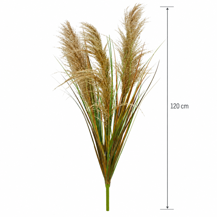 Sztuczna trawa ozdobna, 120 cm, z 3 drutami, trzciną i trawą, ciemnozielona i brązowa, bez doniczki