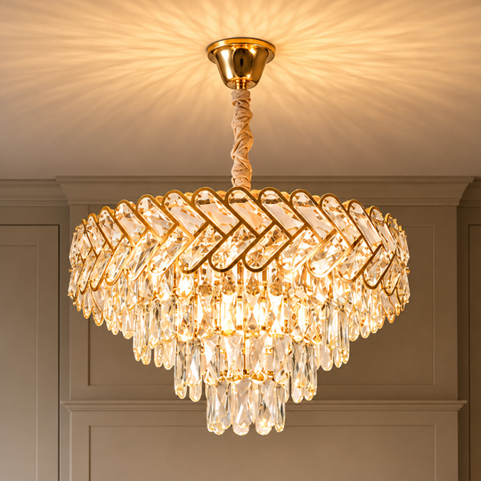 Żyrandol Kryształowy VECTOR Elegance 8xE14, średnica 48cm, Błyszczące Złoto, Regulowana Wysokość, Metal i Kryształ