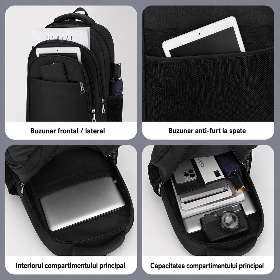 Rucsac Travel Business KANGIQLINIQ, 47x33x15 cm, Oxford, Negru si Albastru