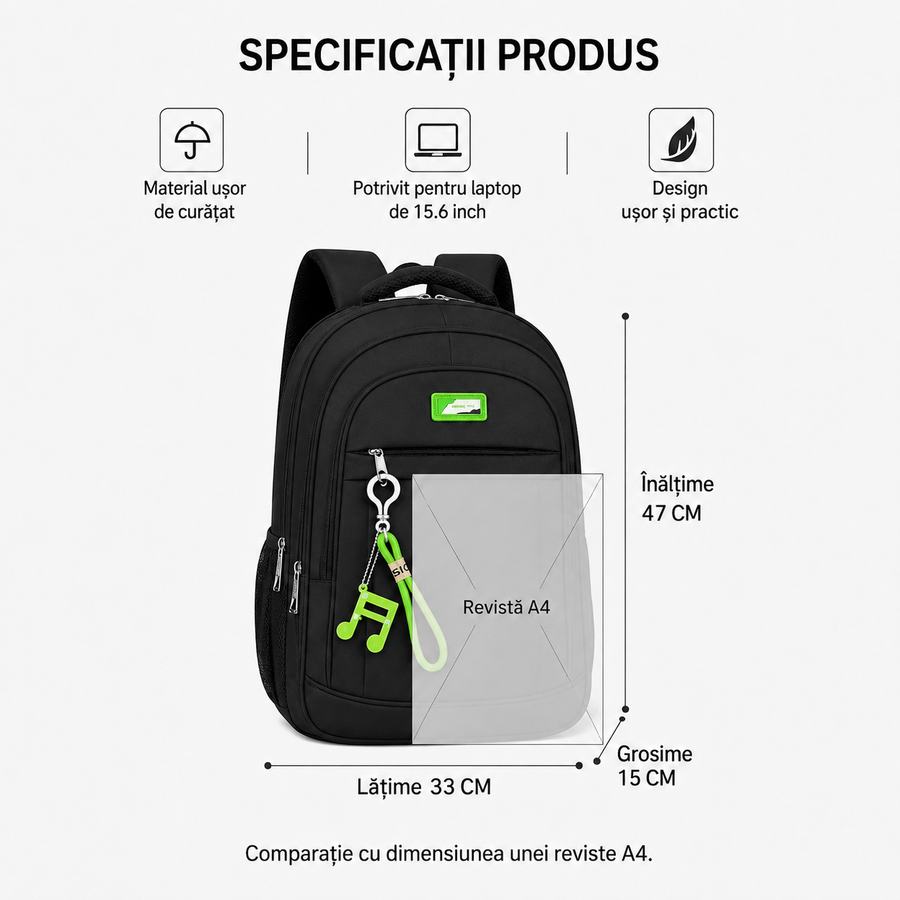 Rucsac Travel Business TALOYOAK, 47x33x15 cm, Oxford, Negru si Verde