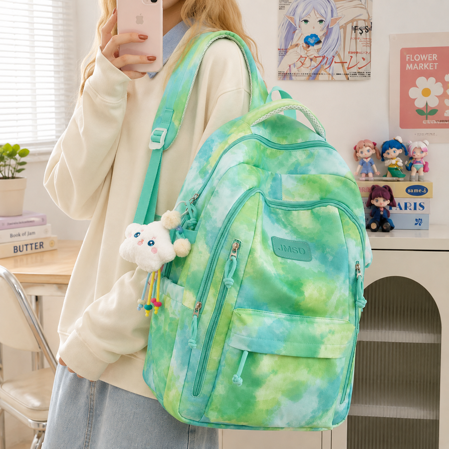 Rucsac de Scoala BAHIR DAR, 47x33x18 cm, Oxford, Verde cu Imprimeu Tie-dye