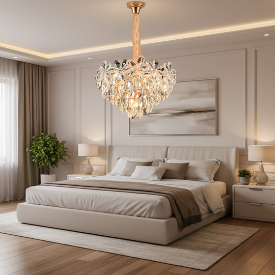 Żyrandol kryształowy, elegancja 7xE14, średnica 40cm, błyszczące złoto, regulowana wysokość, metalowe i kryształowe żyrandole kryształowe Domyślny tytuł Alessandro Design