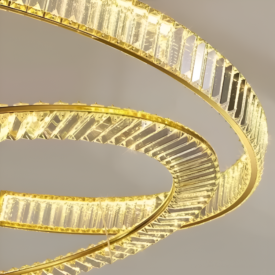 Żyrandol LED PRISM Regal, złoty, metal i kryształ, ściemnialny, regulowana wysokość, elegancki design, zimne/ciepłe/neutralne światło